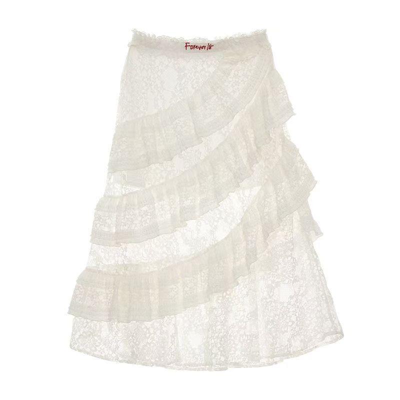American-style Retro Lace Tiered Skirt White Free Size All Products