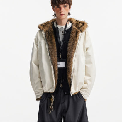 Fur-collar Cotton Jacket For Men Beige