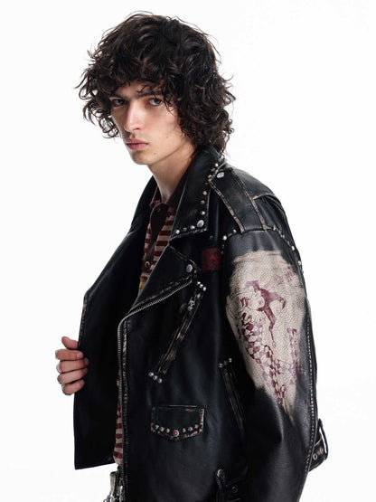 Irregular Placket Lychee-textured Biker Jacket For Men All Products