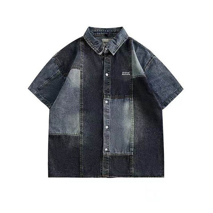 Japanese-style Retro Washed Stitching Denim Shirt Men Blue MuddyStock