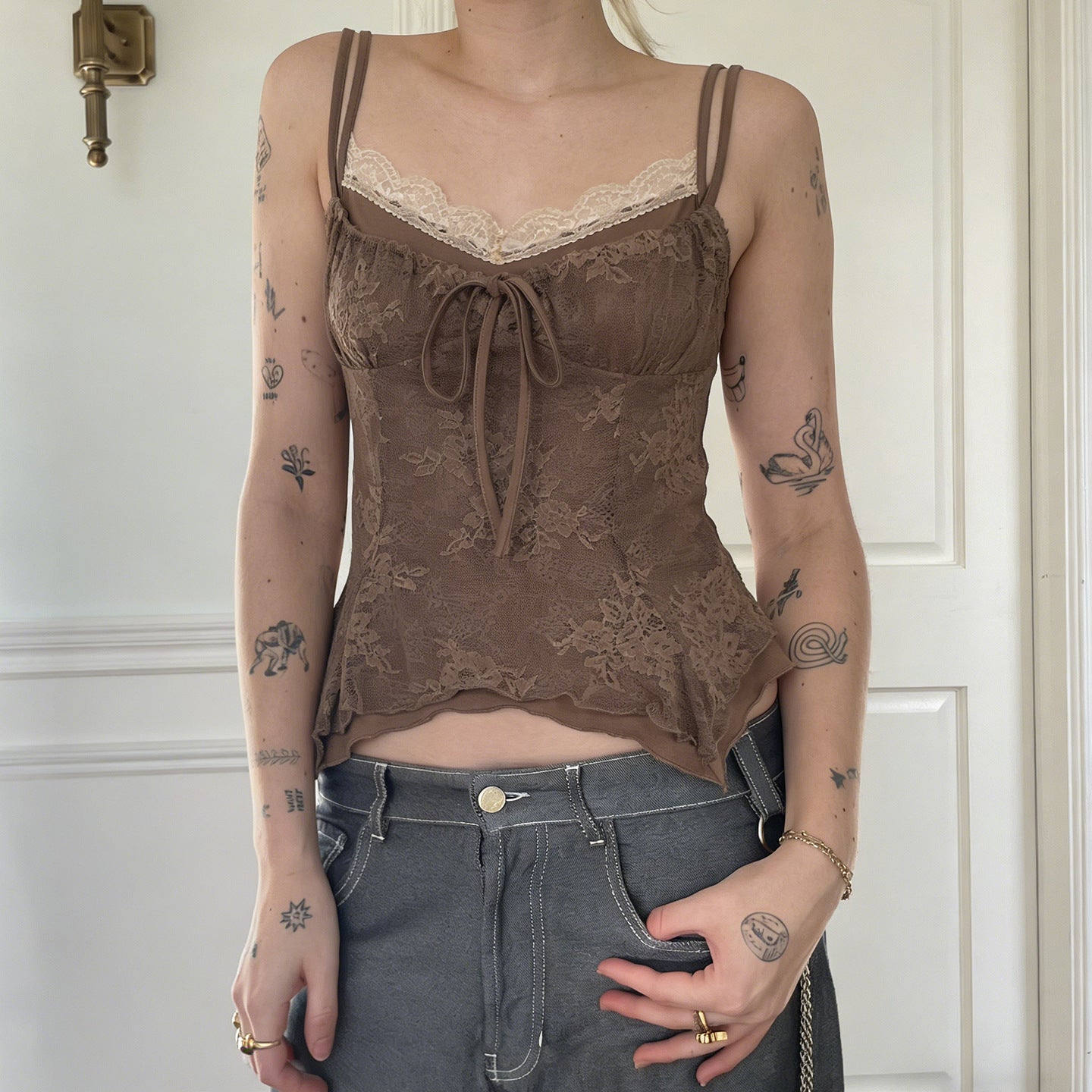 Retro Style Lace Trimmed Patchwork Camisole Top For Women