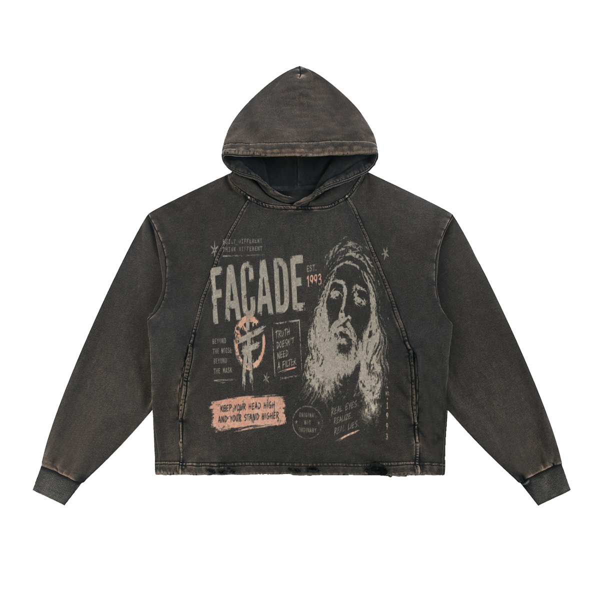 Vintage Washed Frayed-Hem Hoodie For Men | MuddyStock Originals Black