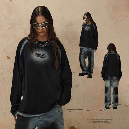 Retro Goth Spray Painting Loose Round Neck Pure Cotton Tops For Women MuddyStock