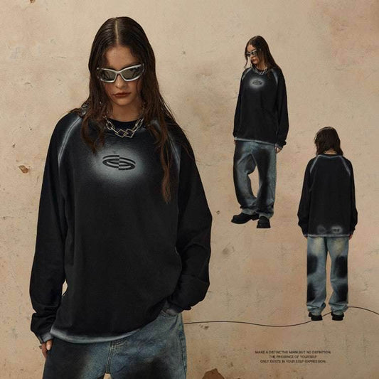 Retro Goth Spray Painting Loose Round Neck Pure Cotton Tops For Women MuddyStock