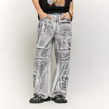 Stitching Brush Color Digital Printing Jeans Loose-fitting Wide-leg Trousers MuddyStock