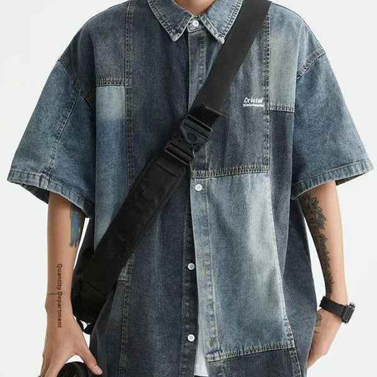 Japanese-style Retro Washed Stitching Denim Shirt Men MuddyStock