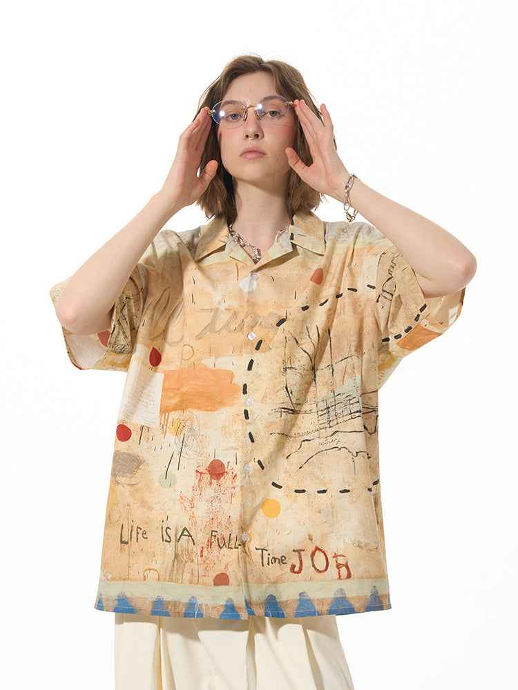 Casual Loose Graffiti Pine High Street Short Sleeve Shirt For Women MuddyStock