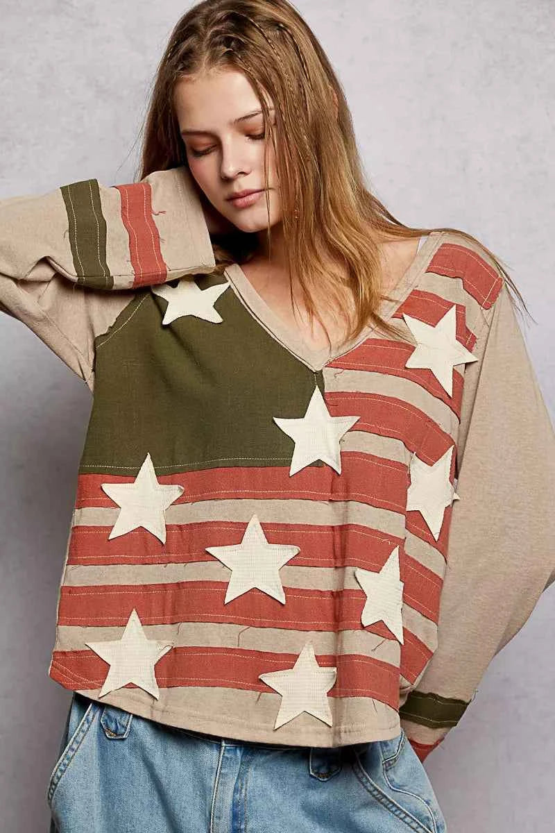 Double Gauze American Flag Patch V-Neck Long Sleeve T-Shirt For Women Trendsi