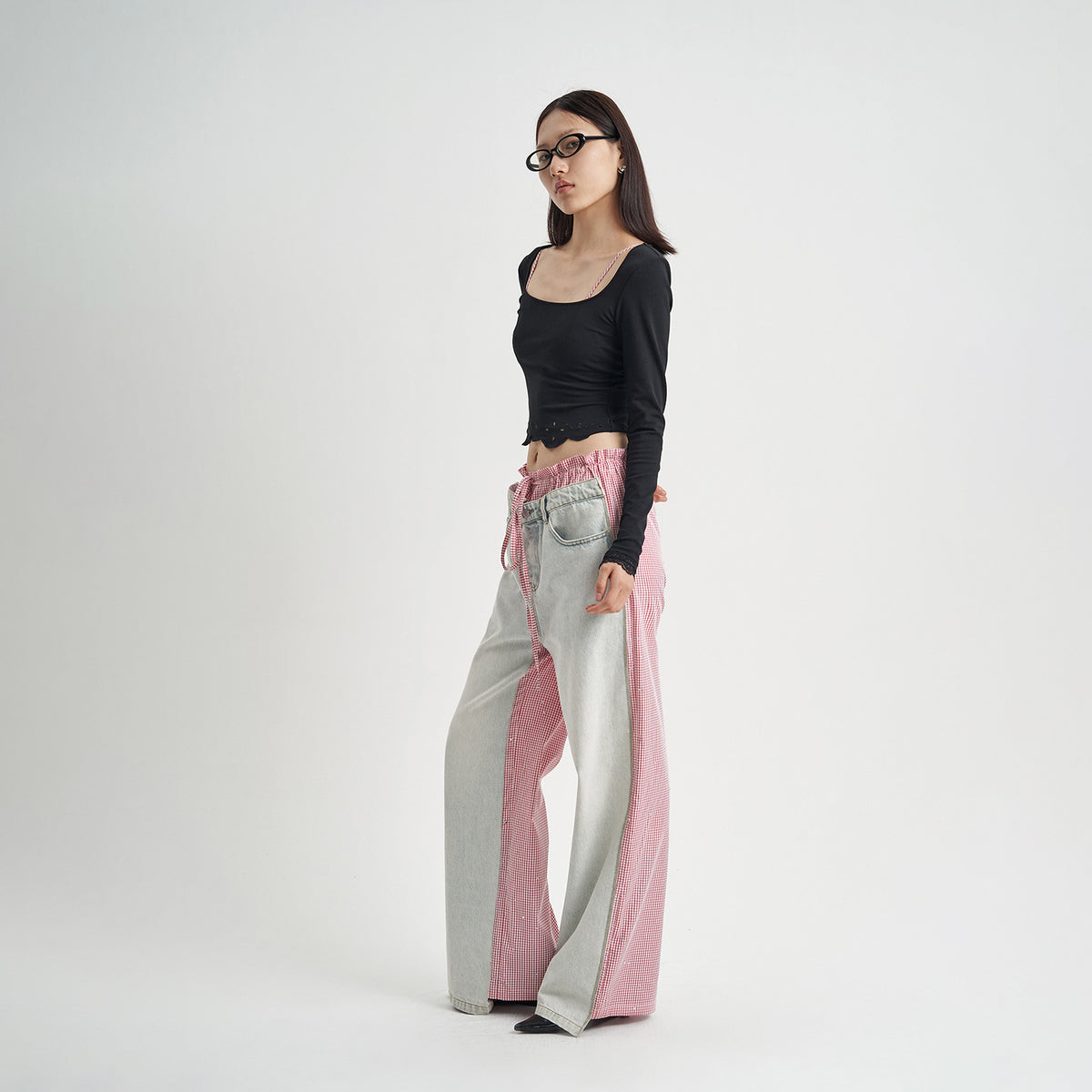 Patchwork Pink Plaid Women's Jeans
