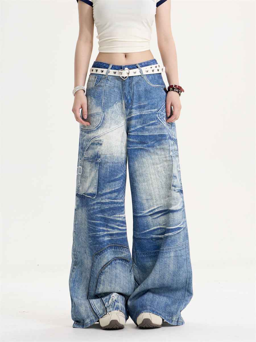 American Retro Printed Wide-leg Jeans For Men And Women Blue MuddyStock