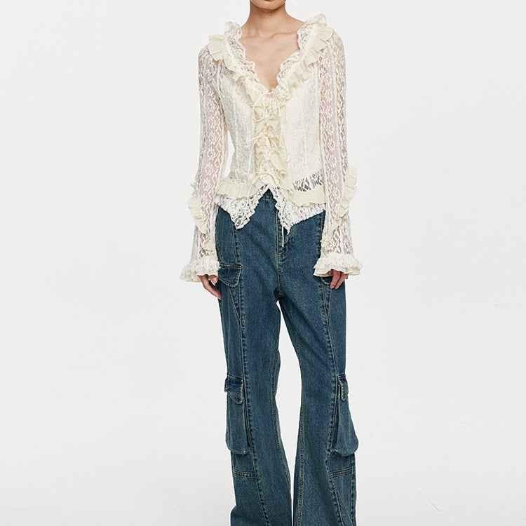 Lace Tie With Fungus Edge Long Sleeved Pullover For Women null