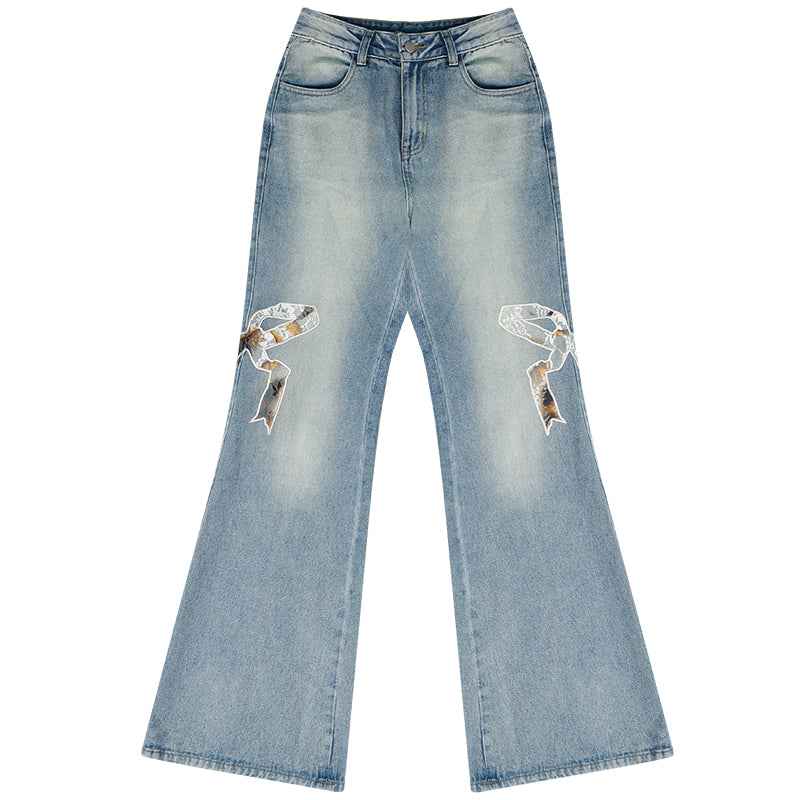 High Waist Bow Patch Wide Leg Straight Jeans For Women Denim Blue MuddyStock