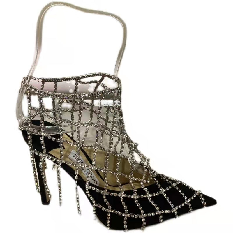 Women's Rhinestone Mesh Pointed Toe High Heels Black