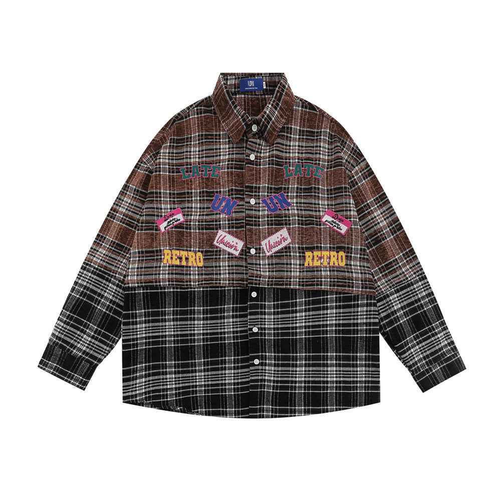 Plaid Women's Stitching Embroidered Letter Long Sleeve Shirt null