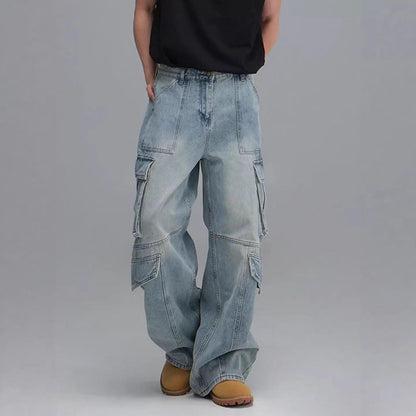 Washed Multi-Pocket Workwear Denim Jeans For Men Blue