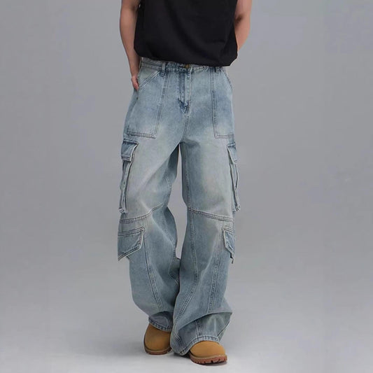 Washed Multi-Pocket Workwear Denim Jeans For Men Blue