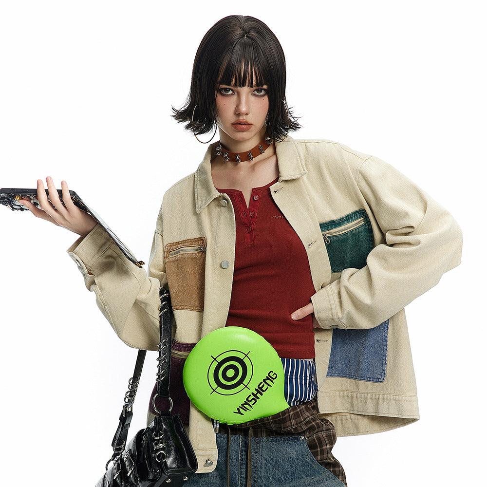 Punk Design Contrast Color Multi-pocket Baggy Coat For Women All Products
