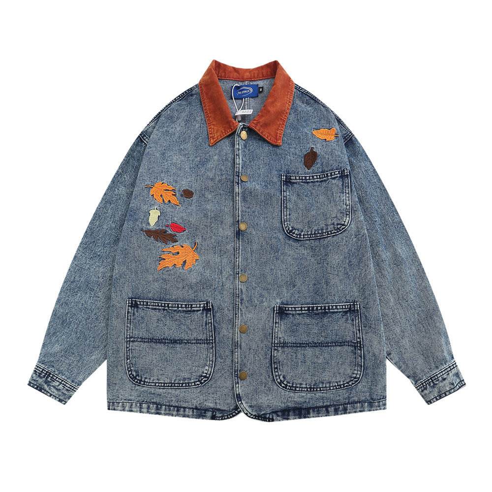 Leaf Embroidery Contrast Color Lapels Jacket For Men And Women Blue MuddyStock