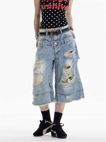 Ripped Denim Cropped Pants For Women
