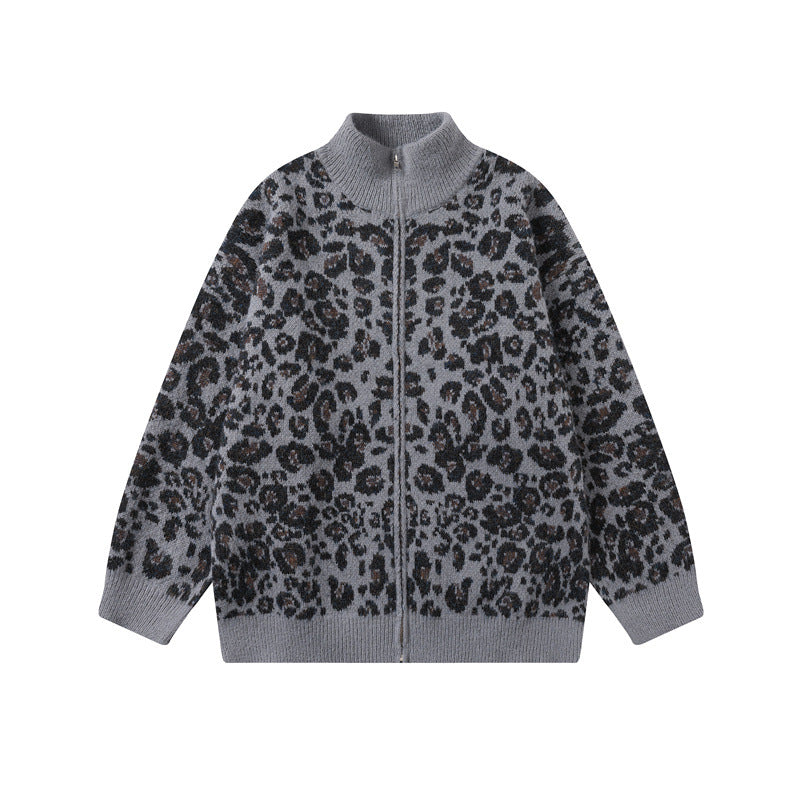 Leopard print stand up collar cardigan men's and women's knitted jacket