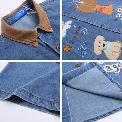 Retro Spliced Corduroy Applique Dog Short Sleeve Shirt for Men and Women | MuddyStock Originals eprolo