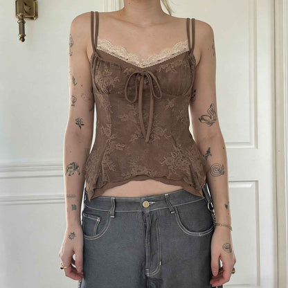 Retro Style Lace Trimmed Patchwork Camisole Top For Women