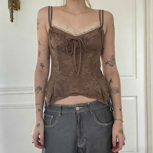 Retro Style Lace Trimmed Patchwork Camisole Top For Women