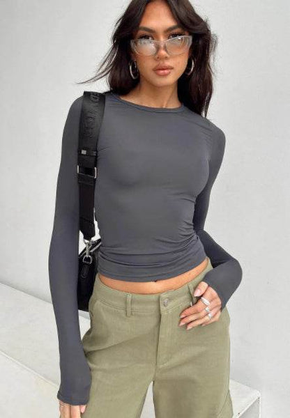 Women's Clothing Fashion Slim Long-sleeved Pullovers Tops Solid Causal Fit Shirts Color63 MuddyStock