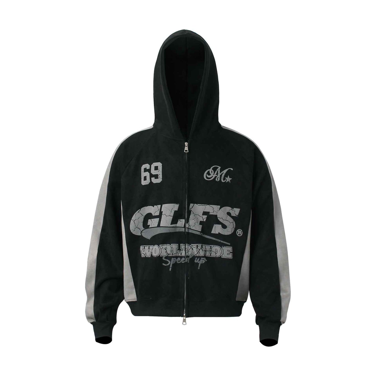 Retro Patchwork Printed Loose Fit Hooded Zip-Up Sweatshirt For Men And Women | MuddyStock Originals Black MuddyStock