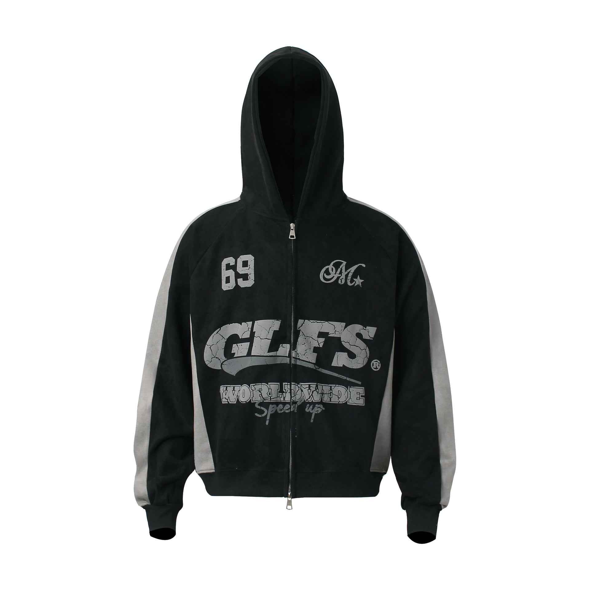 Retro Patchwork Printed Loose Fit Hooded Zip-Up Sweatshirt For Men And Women | MuddyStock Originals Black MuddyStock