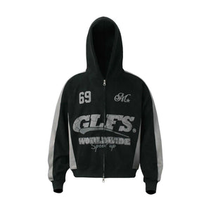 Retro Patchwork Printed Loose Fit Hooded Zip-Up Sweatshirt For Men And Women | MuddyStock Originals Black