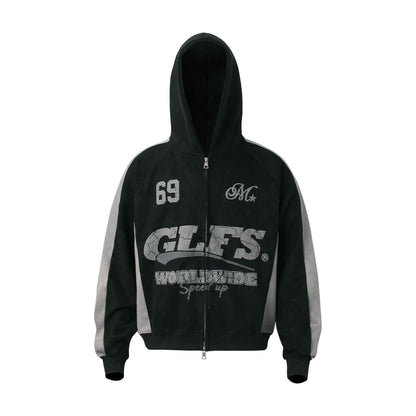 Retro Patchwork Printed Loose Fit Hooded Zip-Up Sweatshirt For Men And Women | MuddyStock Originals Black MuddyStock