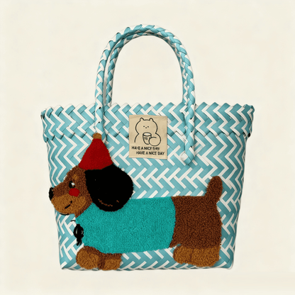 Large capacity sausage dog hand woven cabbage basket bag Handheld - Blue and White Blush Dog