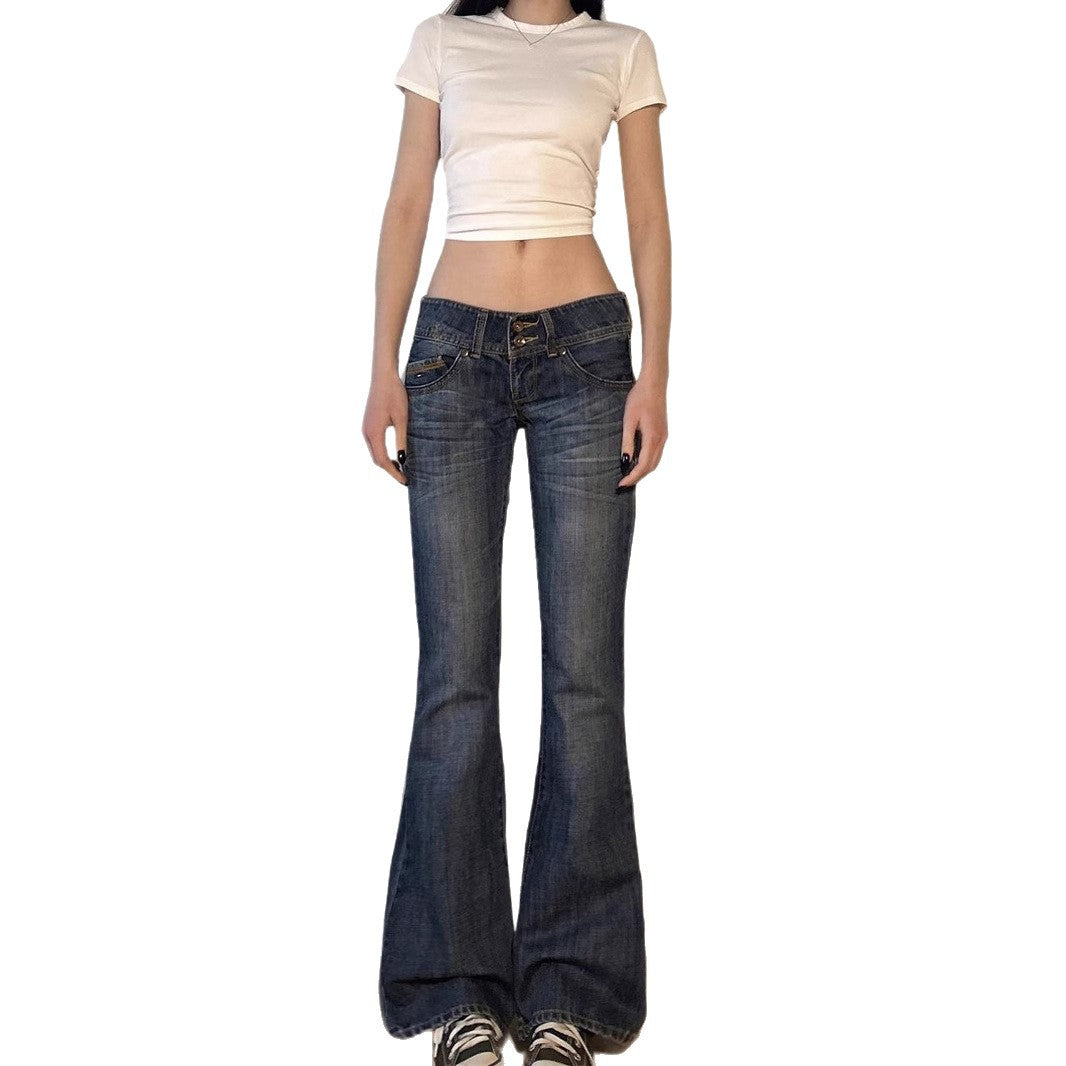 Street Style Faded Low Waist Skinny Flare Jeans Retro Slimming Hip-Lifting Casual Long Pants