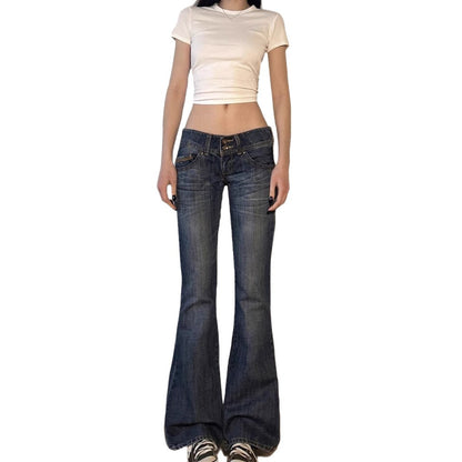 Street Style Faded Low Waist Skinny Flare Jeans Retro Slimming Hip-Lifting Casual Long Pants