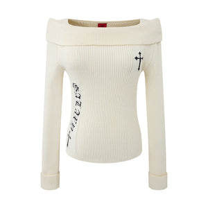 Women's Jacquard Long Sleeve Off-Shoulder Slim Fit Knit Top | MuddyStock Originals Apricot