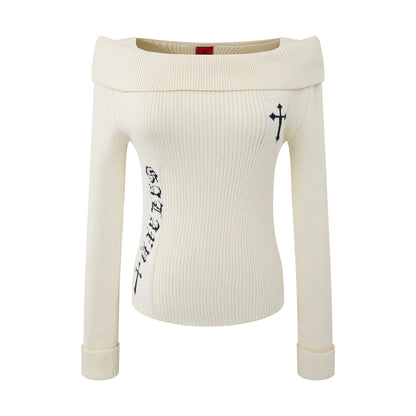 Women's Jacquard Long Sleeve Off-Shoulder Slim Fit Knit Top | MuddyStock Originals Apricot