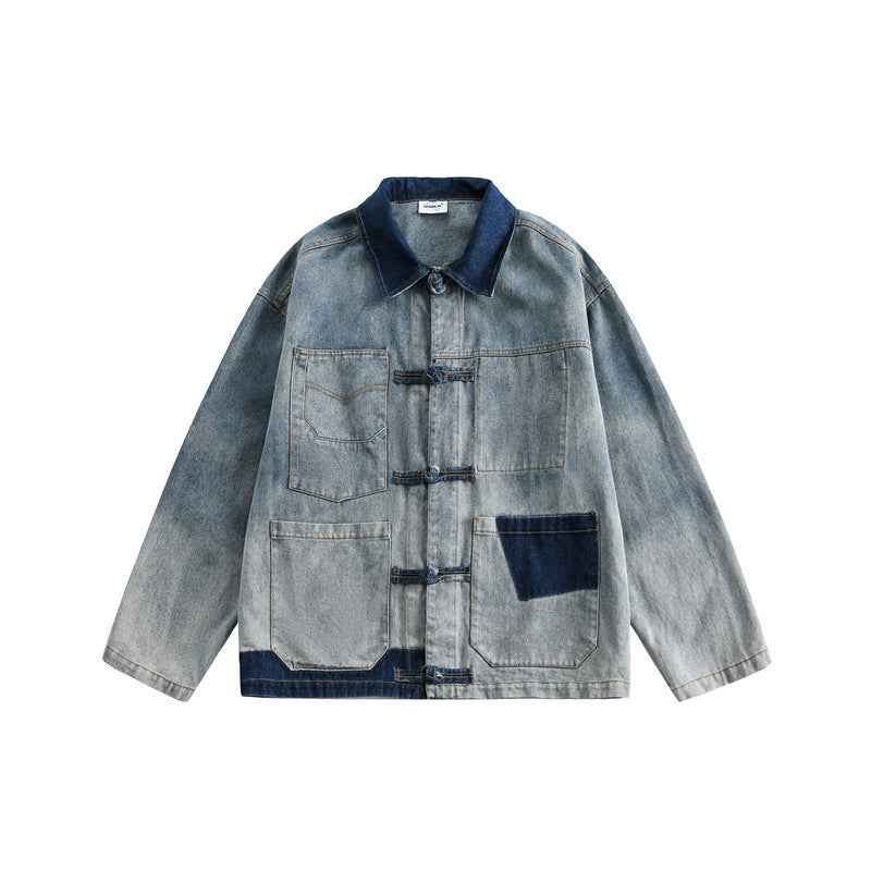 Women's Vintage Distressed Plate Buckle Polo Collar Jacket Blue