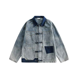 Women's Vintage Distressed Plate Buckle Polo Collar Jacket Blue