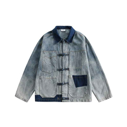 Women's Vintage Distressed Plate Buckle Polo Collar Jacket Blue