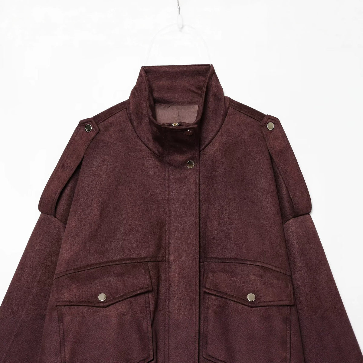 High neck long sleeved suede texture effect with strap decoration short jacket