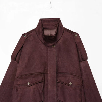 High neck long sleeved suede texture effect with strap decoration short jacket