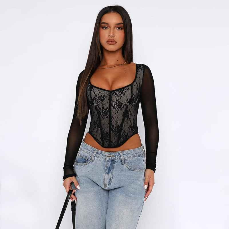 Lace Stitching Girdle Printed Long-sleeved Top For Women MuddyStock