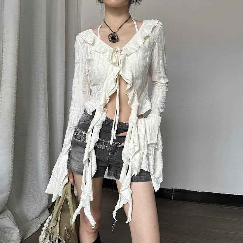 Ruffled V-neck Cropped Top For Women
