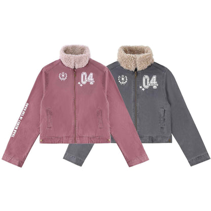 Women's Sherpa Distressed Print Turn-down Collar Short Moto Jacket | MuddyStock Originals