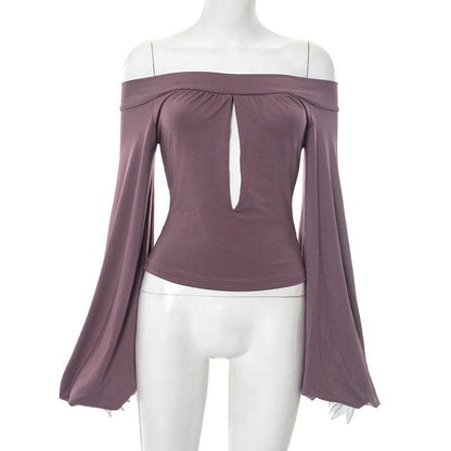 European And American-style Off-neck Lantern Sleeve Hollow-out Top For Women Greyish Purple MuddyStock