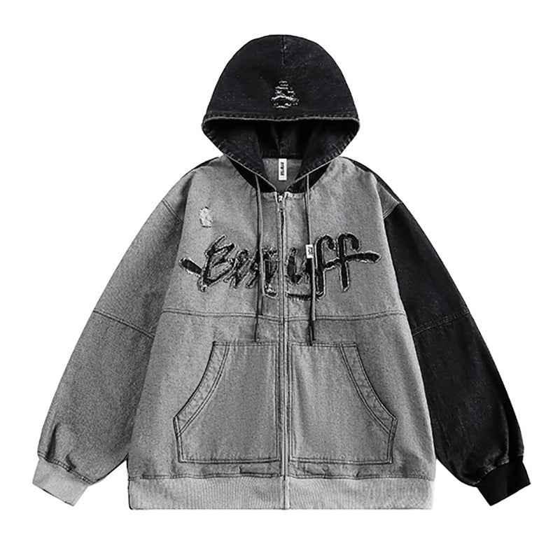 Irregular Stitching Hooded Denim Jacket For Women Shadow Gray MuddyStock