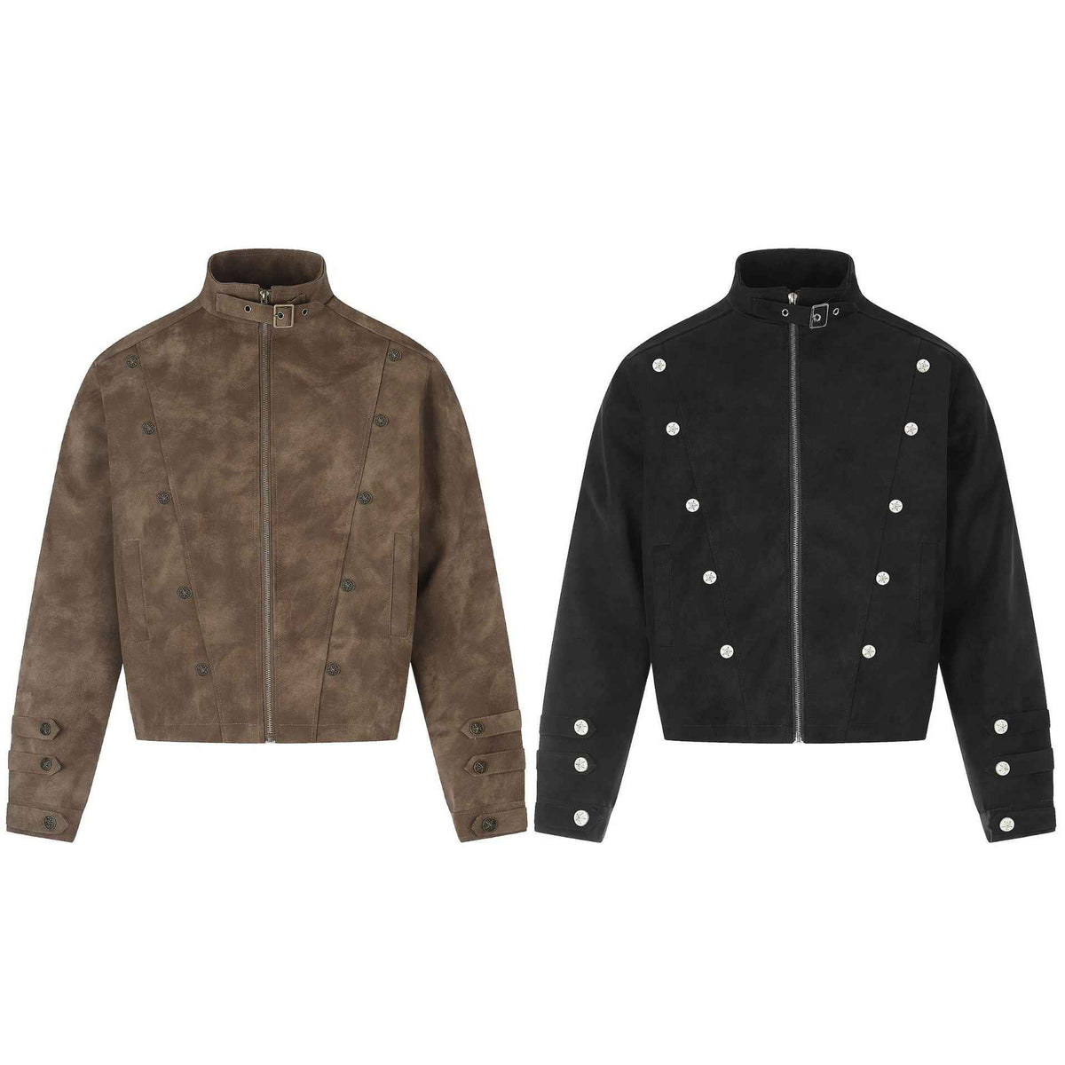Faux Suede Metal Button Stand Collar Cropped Motorcycle Jacket for Men | MuddyStock Originals