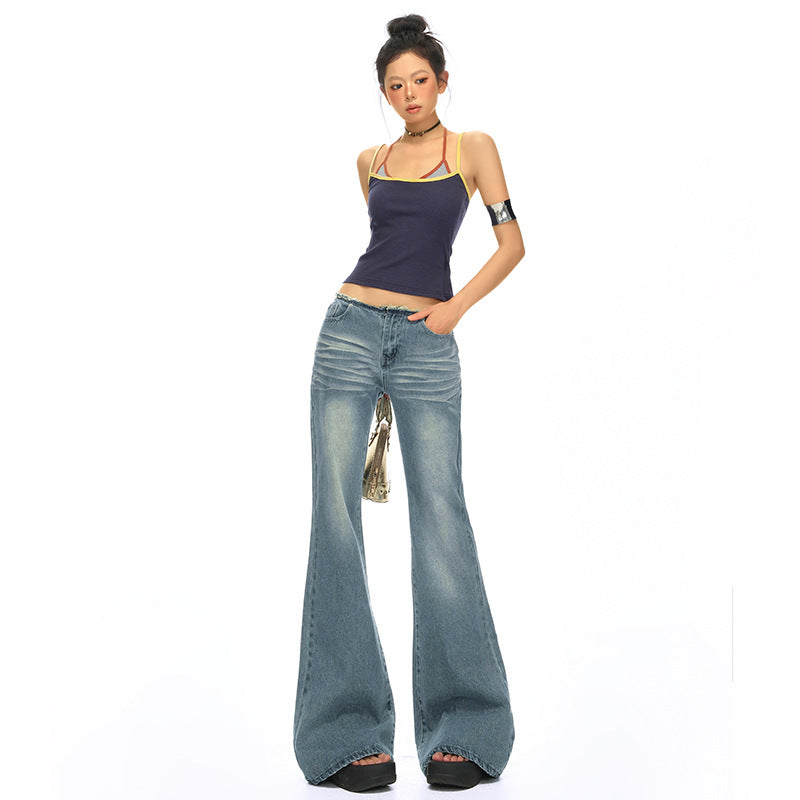 Retro Blue Low-Waist Spicy Girl Denim Pants Women Non-Thigh-Sticking Slim Fit Versatile Drape Flare Jeans Vintage Blue Extended