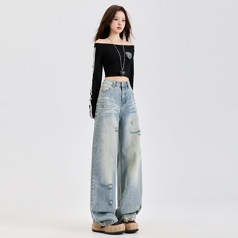 Washed Distressed Floor-Length Wide Straight Leg Pants for Women | MuddyStock Originals Retro#Extended MuddyStock